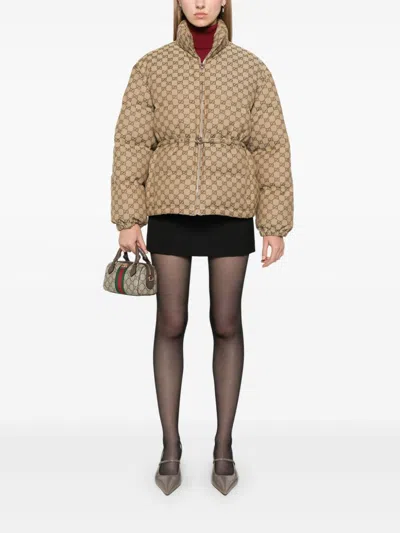 Gucci Gg Canvas Down Jacket In Brown