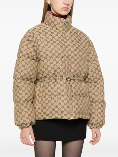 Gucci Gg Canvas Down Jacket In Brown