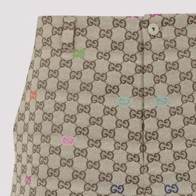 Gucci Men Beige Bermuda Pants With Belt Loops In Gg Canvas Man In Brown