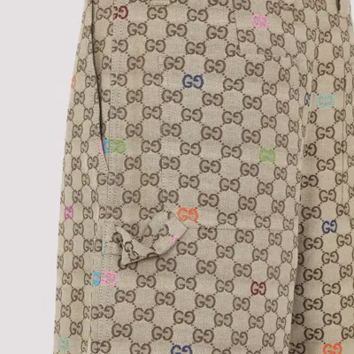 Gucci Men Beige Bermuda Pants With Belt Loops In Gg Canvas Man In Brown