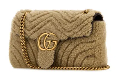 Gucci Women Beige Shearling Small Marmont Shoulder Bag In Brown