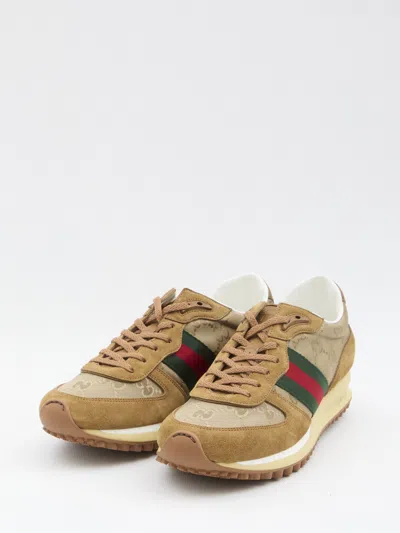 Gucci Men Re-motion Gg Nylon And Suede Sneakers In Brown
