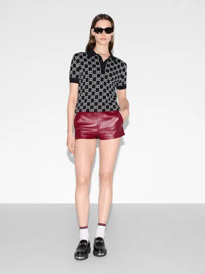 Gucci Women Black Polo Shirt With Ribbed Trims In Gg Canvas Woman In Black