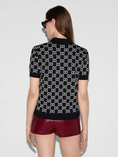Gucci Women Black Polo Shirt With Ribbed Trims In Gg Canvas Woman In Black
