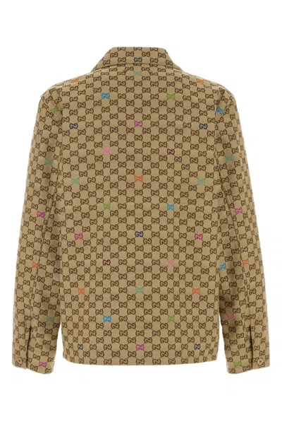 Gucci Beige Shirt With Spread Collar And Two Front Welt Pockets In Gg Canvas Man In Brown
