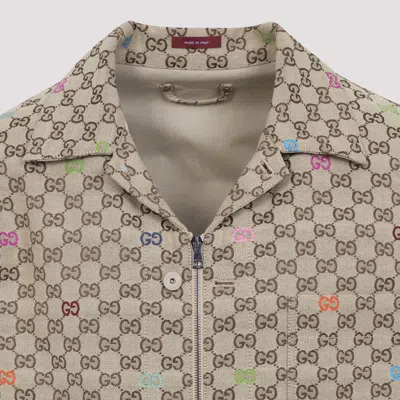 Gucci Beige Shirt With Spread Collar And Two Front Welt Pockets In Gg Canvas Man In Brown