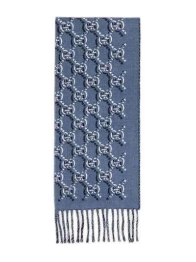 Gucci Wool Scarf With Gg Shadow In Blue