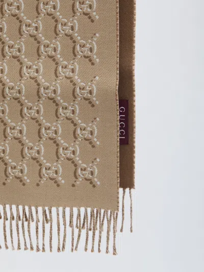 Gucci Wool Scarf With Gg Shadow In Brown
