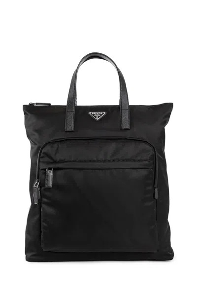 Prada Triangle Logo Re-nylon And Leather Top Handle Bag In Black