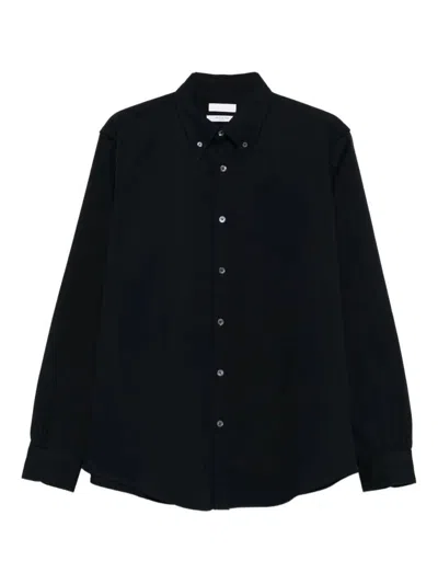 Cellar Door Button-down Long Sleeve Shirt With Curved Hem In Black