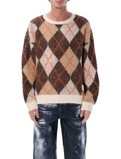 Emporio Armani Oversized Argyle Jacquard Knit Pullover In Brown