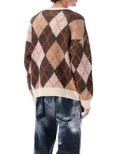 Emporio Armani Oversized Argyle Jacquard Knit Pullover In Brown