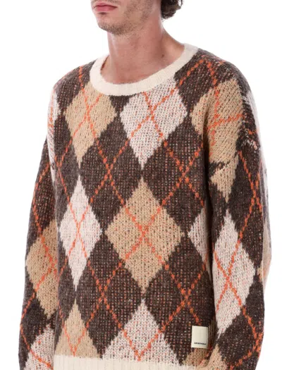 Emporio Armani Oversized Argyle Jacquard Knit Pullover In Brown