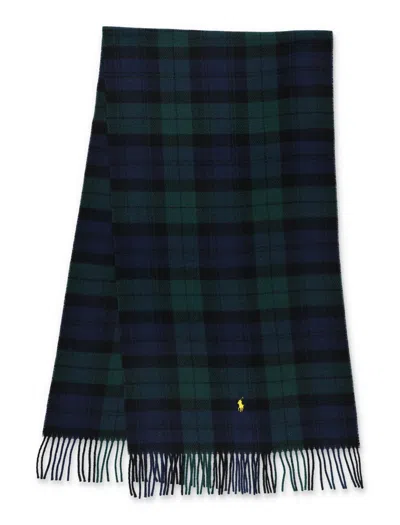 Polo Ralph Lauren Tartan Check Wool Scarf Fringe Trim In Blue