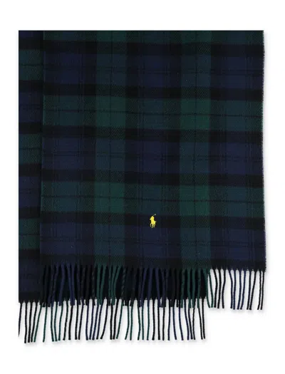 Polo Ralph Lauren Tartan Check Wool Scarf Fringe Trim In Blue