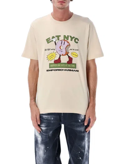 Emporio Armani Cotton Jersey T-shirt With New York Print In Neutral