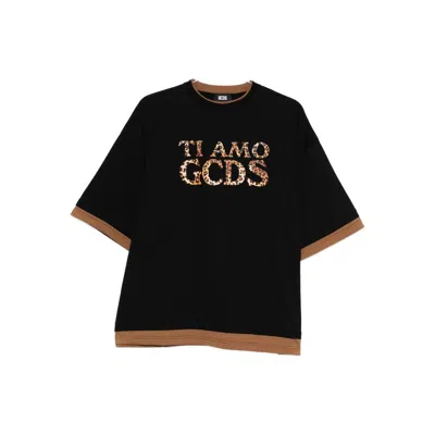Gcds Leopard-print Trim T-shirt In Black