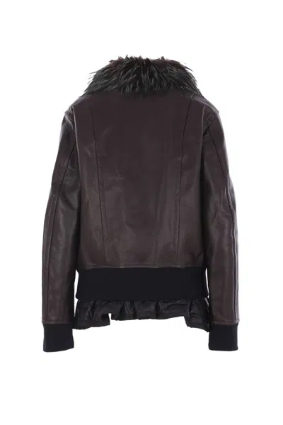 Sacai Convertible Plush-trimmed Padded Leather Jacket In Brown