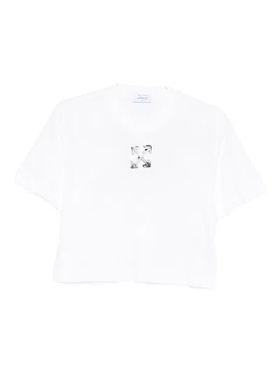 Off-white Cropped T-shirt With Silver Graphics In White