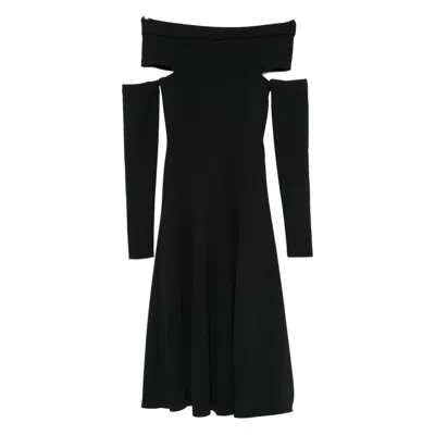 Alberta Ferretti Slightly Stretch Cady Midi Dress With Off-the-shoulder Neckline In Black