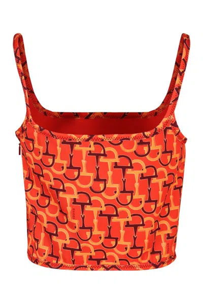 Gucci Orange Top With Spaghetti Straps And All-over Horsebit Print In Cotton Woman In Orange