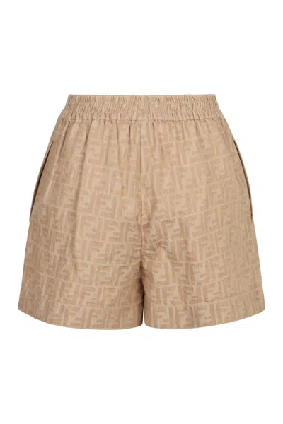Fendi Women Beige Shorts With Elastic Waist And Wide Leg In Chambray Ff Woman In Nude