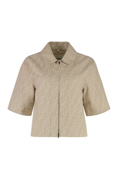Fendi Women Beige Shirt With Classic Collar And Front Zip Closure In Chambray Ff Woman In Multi