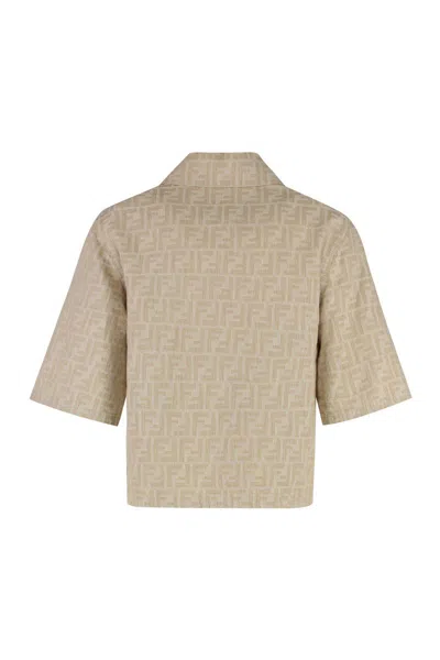 Fendi Women Beige Shirt With Classic Collar And Front Zip Closure In Chambray Ff Woman In Multi