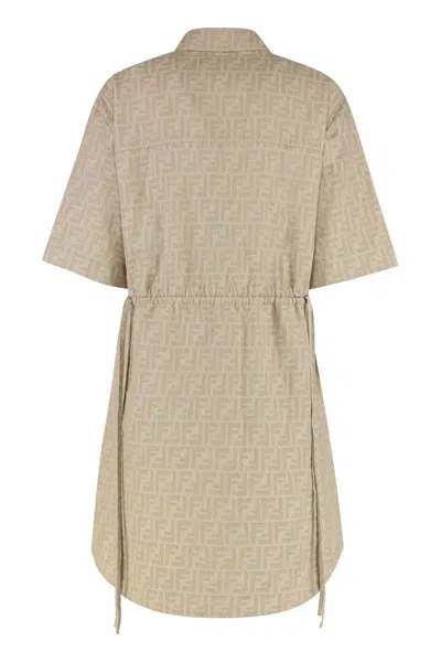 Fendi Embroidered Chambray Shirt Dress In Brown