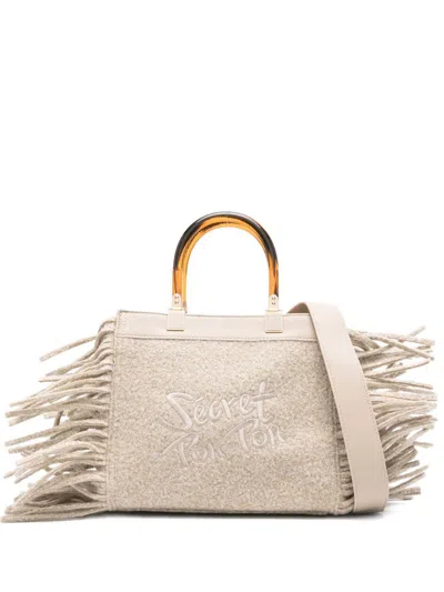 Secret Pon-pon Fringed Top-handles Shoulder Bag In White