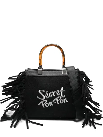 Secret Pon-pon Fringed Top-handles Shoulder Bag In Black