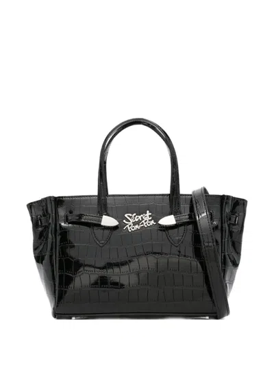 Secret Pon-pon Crocodile-effect Shoulder Bag In Black