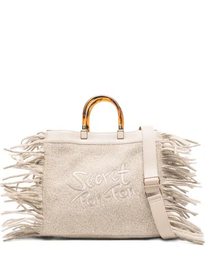 Secret Pon-pon Fringed Top-handles Shoulder Bag In White