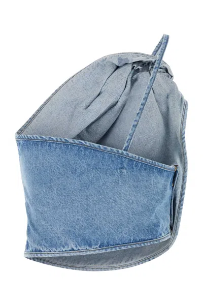 Magda Butrym One-shoulder Draped Denim Top In Sky Blue In Blue