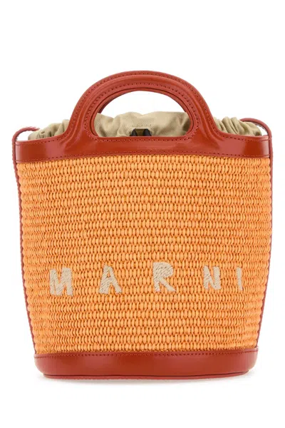 Marni Mini Two-tone Leather And Raffia Tropicalia Bucket Handbag In Orange