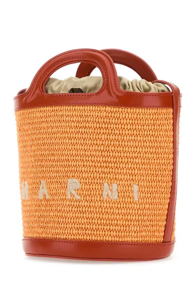 Marni Mini Two-tone Leather And Raffia Tropicalia Bucket Handbag In Orange