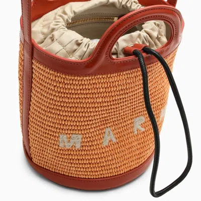 Marni Mini Two-tone Leather And Raffia Tropicalia Bucket Handbag In Orange