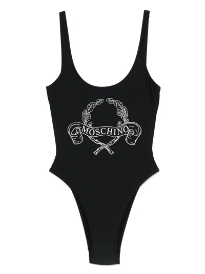 Moschino Couture One-piece Swimsuit Laurel Crown Logo In Black