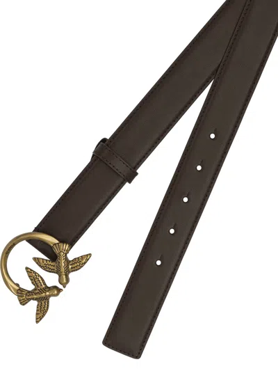 Pinko Logo Birds Plaque Leather Belt In Brown