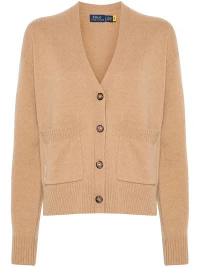 Polo Ralph Lauren Ribbed V-neck Cardigan With Button-down Front In Brown