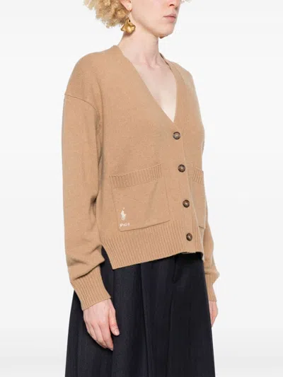 Polo Ralph Lauren Ribbed V-neck Cardigan With Button-down Front In Brown