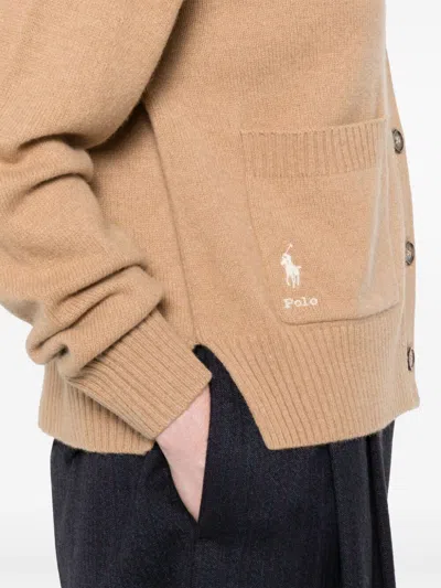 Polo Ralph Lauren Ribbed V-neck Cardigan With Button-down Front In Brown