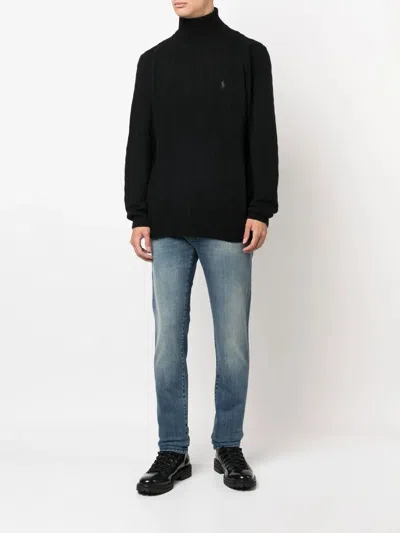 Polo Ralph Lauren Cable Knit Black Turtleneck Sweater With Embroidered Logo