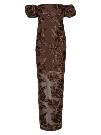 Rotate Birger Christensen Brown Long Dress With Removable Short Sleeves And All-over Floral Embroidery In Tech Fabric Stretch  In Brown