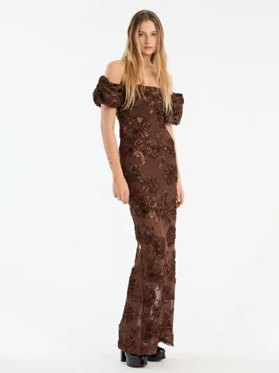Rotate Birger Christensen Brown Long Dress With Removable Short Sleeves And All-over Floral Embroidery In Tech Fabric Stretch  In Brown