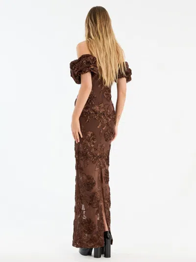 Rotate Birger Christensen Brown Long Dress With Removable Short Sleeves And All-over Floral Embroidery In Tech Fabric Stretch  In Brown