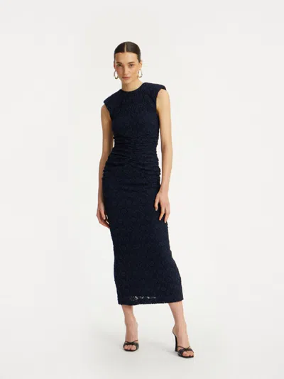 Rotate Birger Christensen Long Sleeveless Fitted Midi Dress With Textured Detailing In Blue