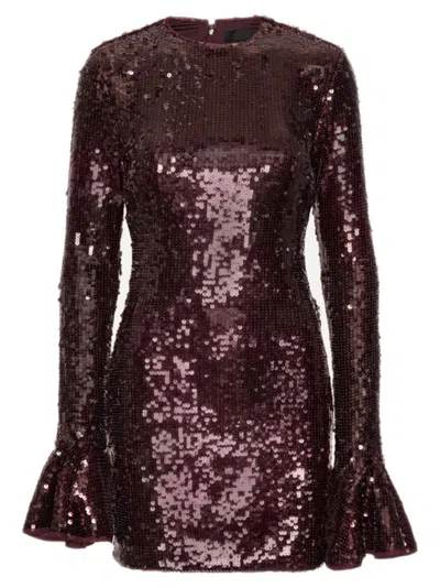 Rotate Birger Christensen Bordeaux Sequin Crewneck Mini Dress With Flared Sleeves In Tech Fabric Stretch Woman