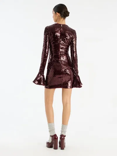 Rotate Birger Christensen Bordeaux Sequin Crewneck Mini Dress With Flared Sleeves In Tech Fabric Stretch Woman