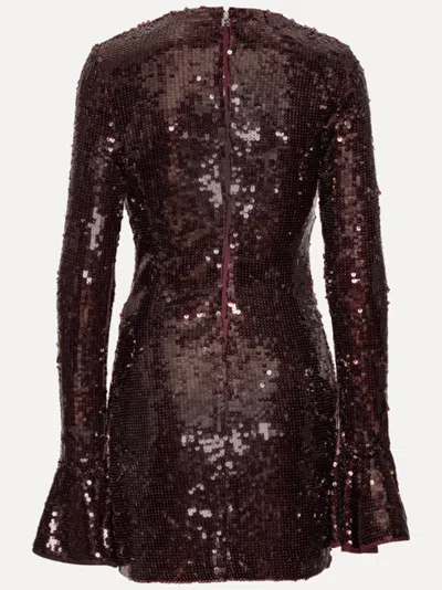 Rotate Birger Christensen Bordeaux Sequin Crewneck Mini Dress With Flared Sleeves In Tech Fabric Stretch Woman